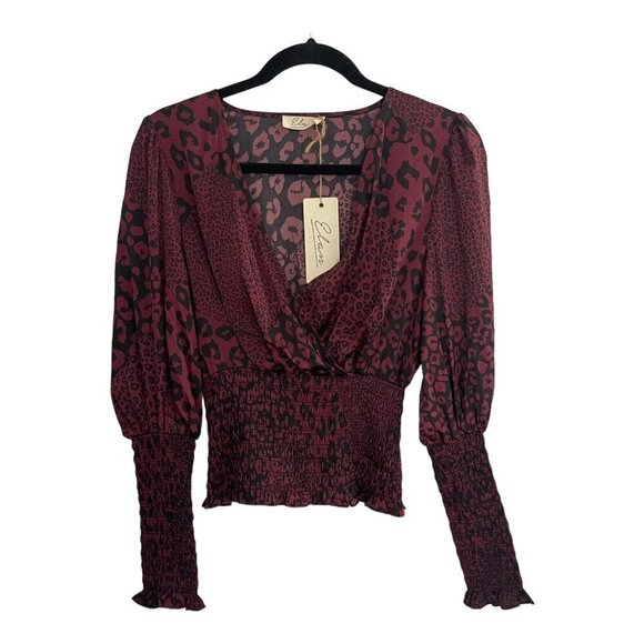 Elan Size S Burgundy Leopard Print Smocked Waist & Cuff Blouse V-Neck - Picture 5 of 5
